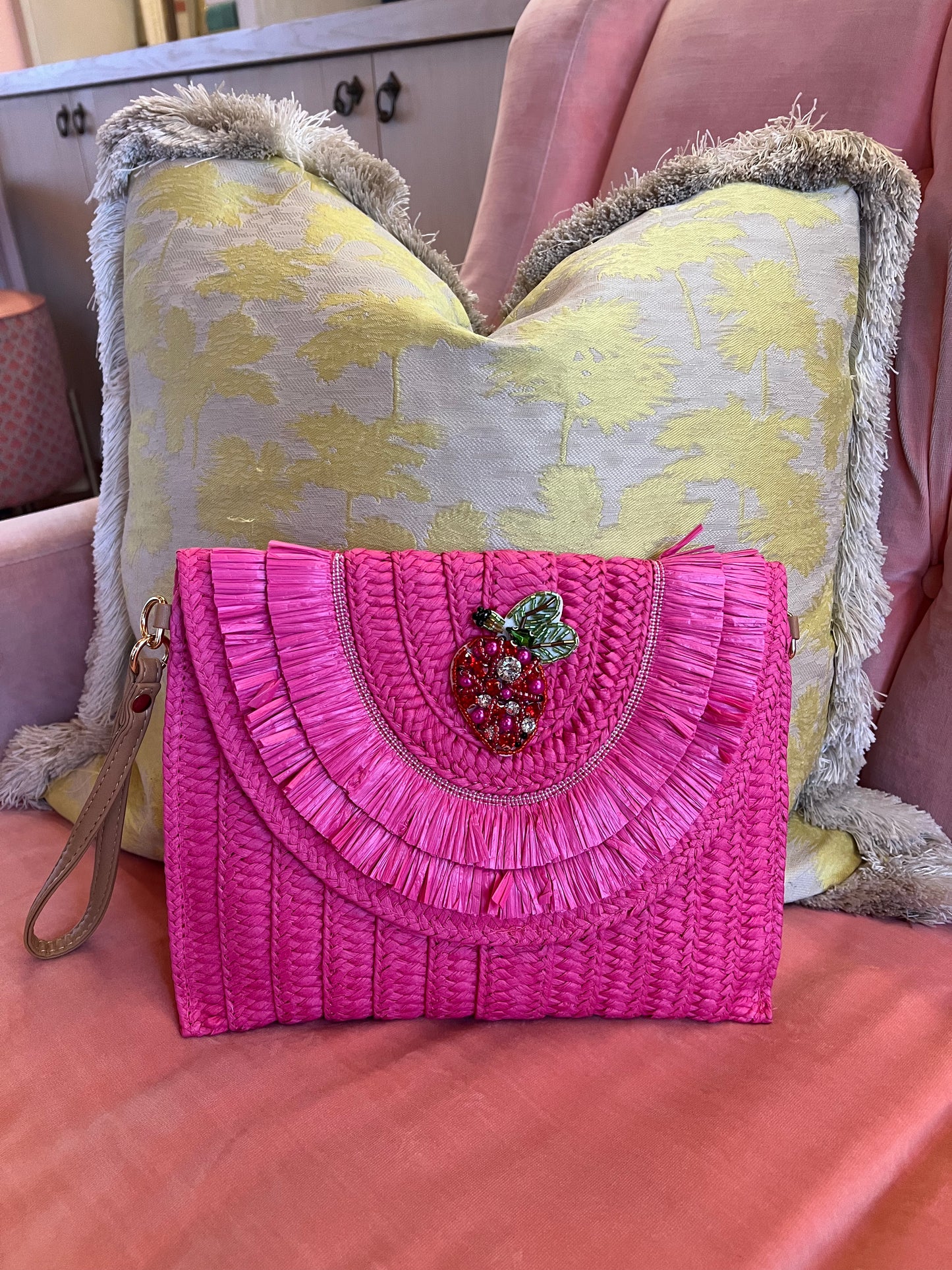 Pink Raffia Strawberry Clutch