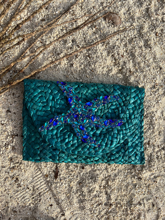 Blue Straw Clutch with Deluxe Starfish Appliqué