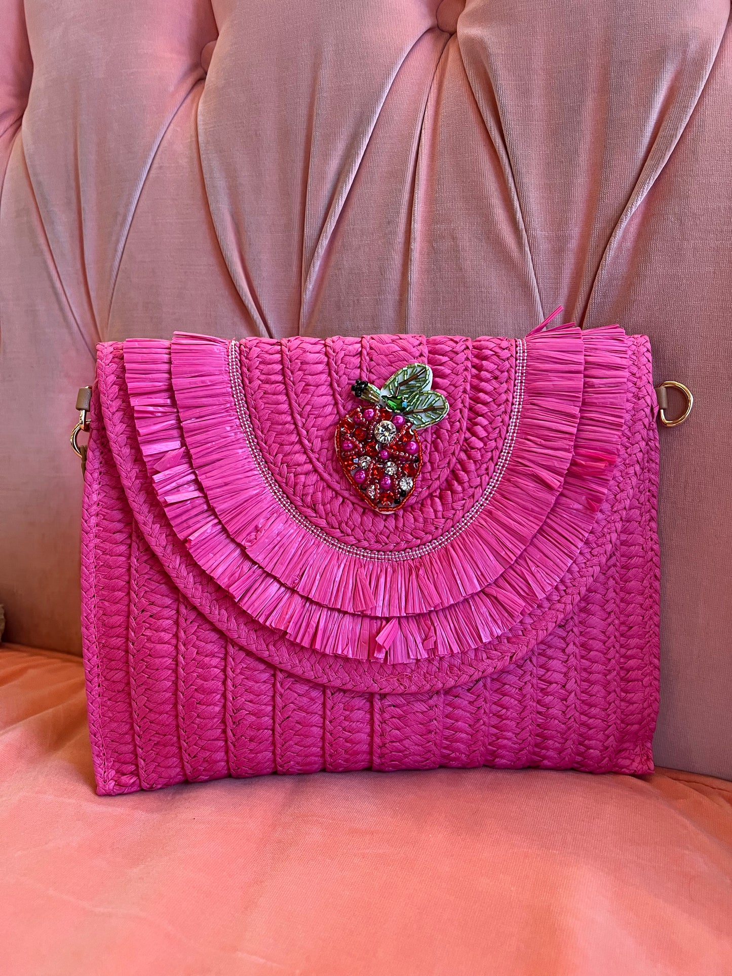 Pink Raffia Strawberry Clutch