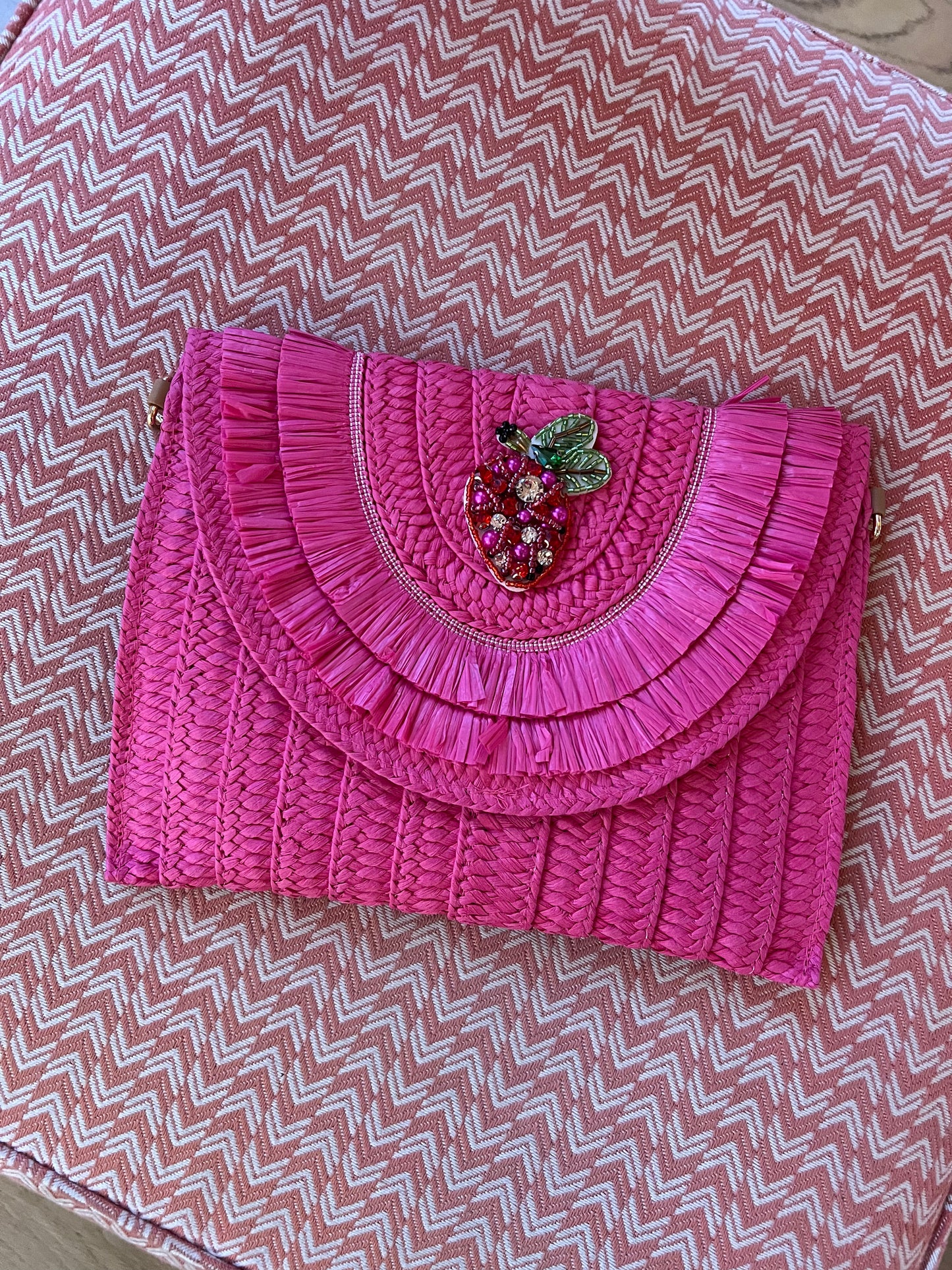 Pink Raffia Strawberry Clutch