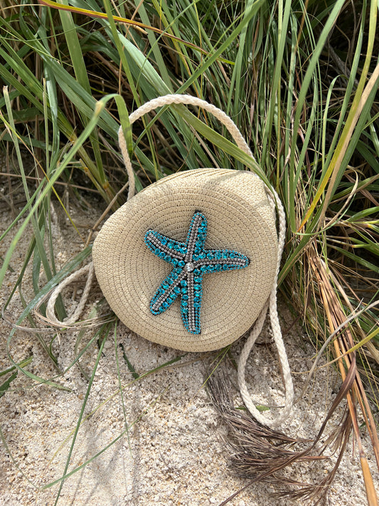 Natural Straw Blue Starfish Round Bag