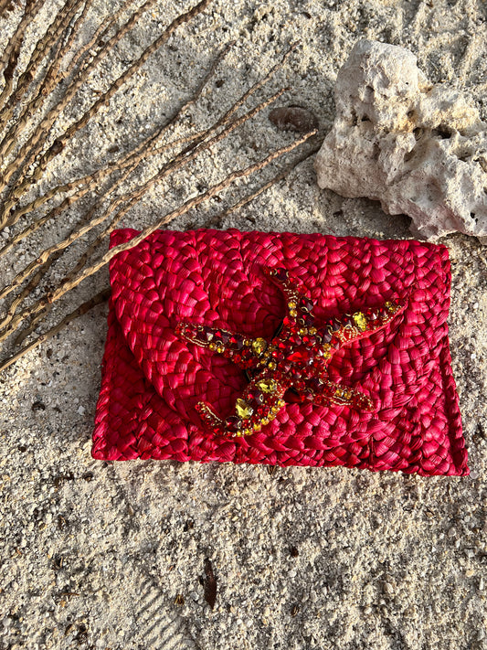 Red Straw Clutch with Deluxe Starfish Appliqué