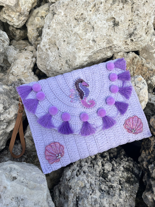 Purple PomPom Seahorse and Shell Bag