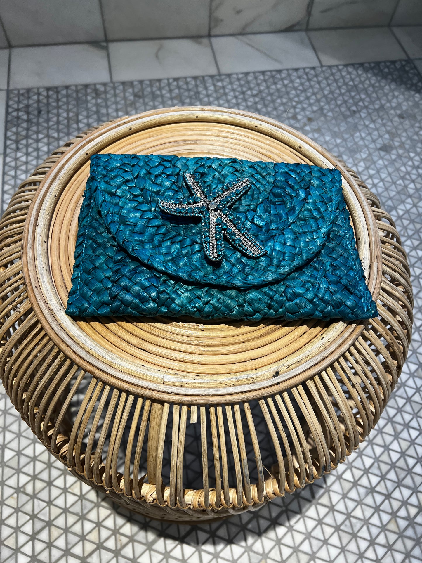 Blue Straw Clutch with Blue Starfish Appliqué