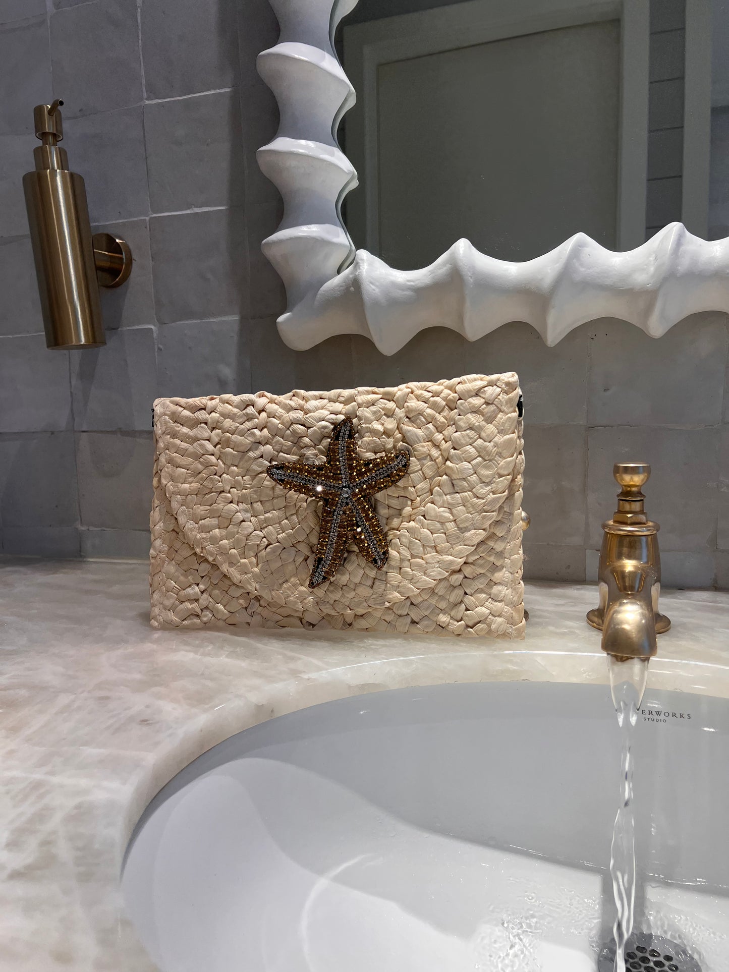 Natural Straw Clutch with Gold Starfish Appliqué