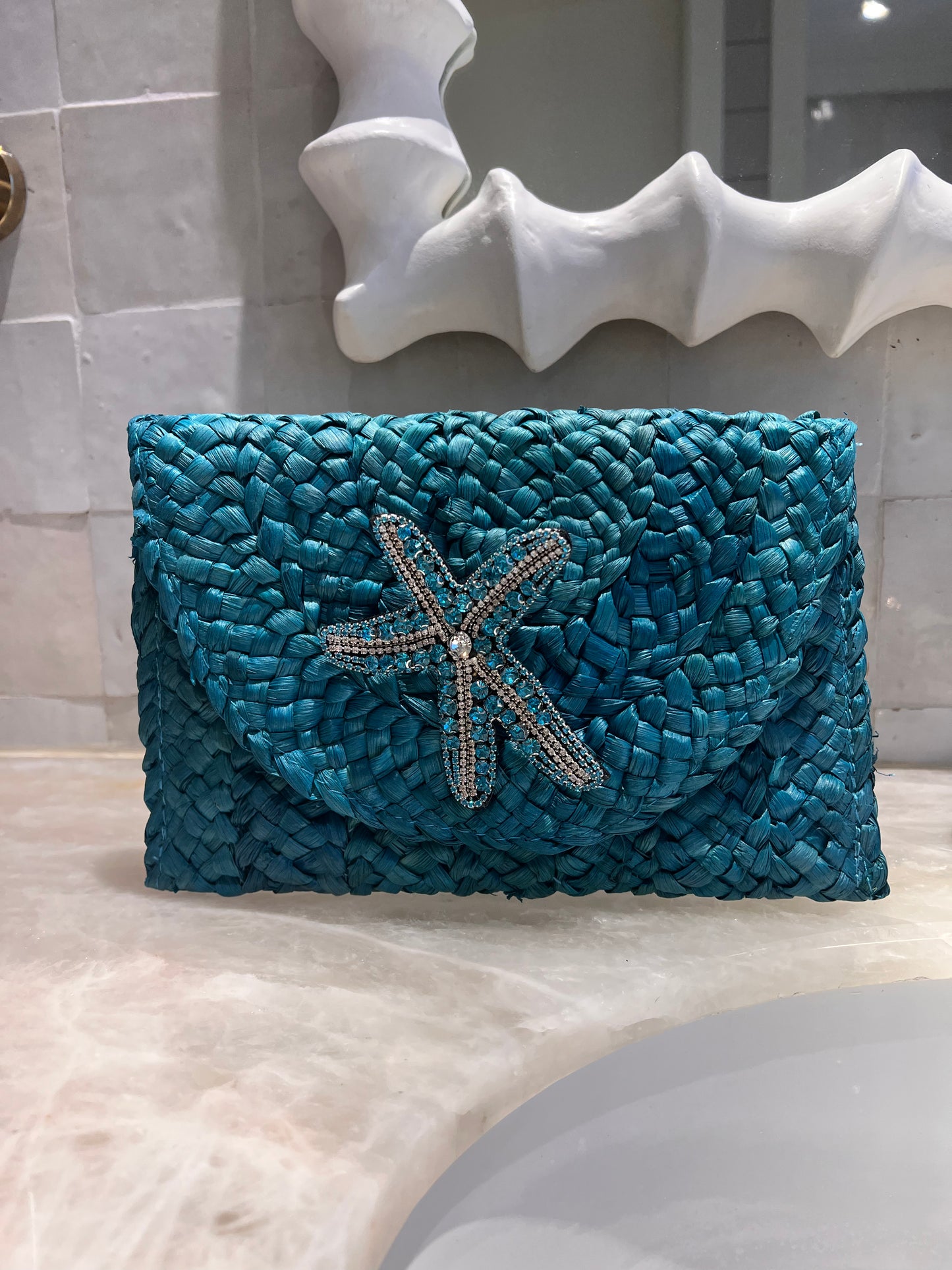 Blue Straw Clutch with Blue Starfish Appliqué