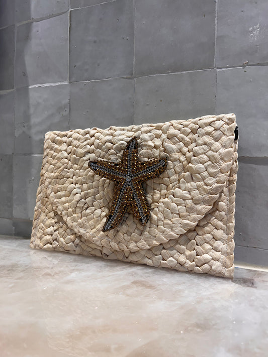 Natural Straw Clutch with Gold Starfish Appliqué